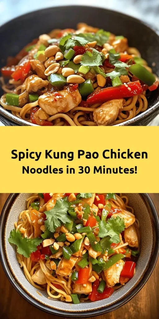 Spice up your dinner with these delicious Kung Pao Chicken Noodles! This quick and easy recipe features tender chicken, colorful bell peppers, and crunchy peanuts all tossed in a savory sauce. Perfect for a weeknight meal, it comes together in just 30 minutes. Whether you're craving something spicy or just want a satisfying noodle dish, this recipe has you covered. Garnish with fresh cilantro and enjoy a mouthwatering Asian-inspired dinner at home!