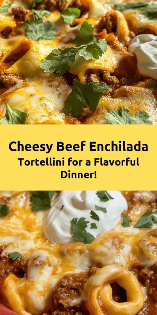 Looking for a comforting twist on classic enchiladas? Try this Cheesy Beef Enchilada Tortellini! It’s a delicious one-pot meal featuring tender cheese tortellini, seasoned ground beef, and a rich enchilada sauce, all topped with gooey cheddar and Monterey Jack cheese. Perfect for busy weeknights, this hearty dish is sure to please the whole family. Finish with fresh cilantro and a dollop of sour cream for the ultimate experience! #Tortellini #DinnerIdeas #ComfortFood
