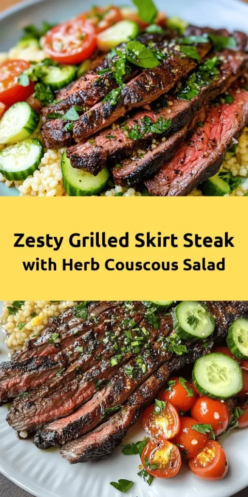 Elevate your dinner with this delightful Grilled Skirt Steak paired with a refreshing Lemon Herb Couscous Salad. Marinated in a zesty blend of garlic, smoked paprika, and lime juice, the tender skirt steak is grilled to perfection. Served alongside a vibrant salad featuring fluffy couscous, cherry tomatoes, cucumber, and fresh herbs, this dish is a perfect balance of flavors and textures. Great for weeknight meals or gatherings, it's sure to impress!