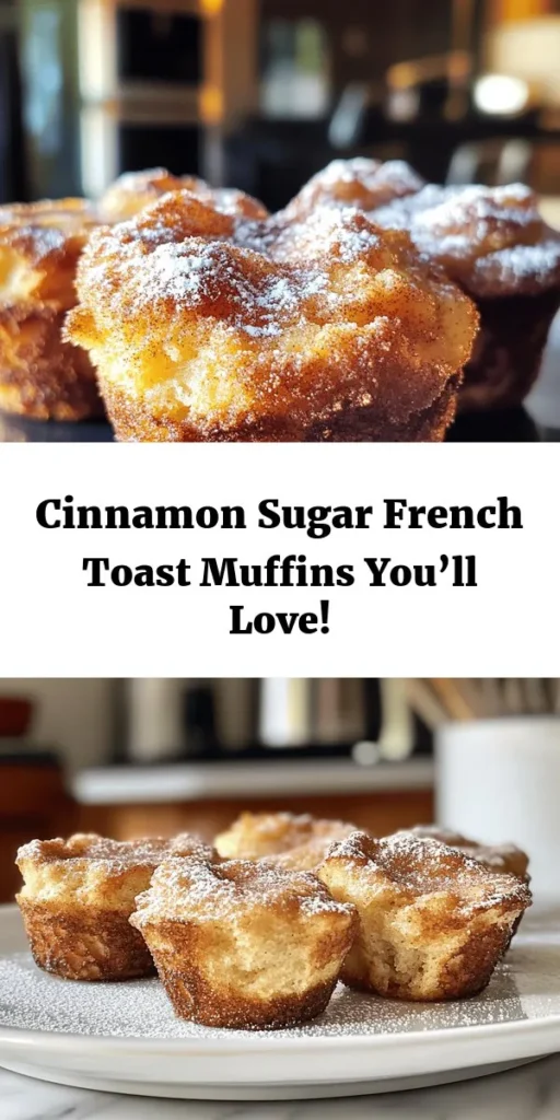 Indulge in these irresistible Cinnamon Sugar French Toast Muffins! Perfect for breakfast or a sweet treat, this simple recipe transforms day-old bread into a delightful dish. With a gooey center, hints of vanilla, and a crispy cinnamon sugar topping, these muffins are sure to please. Just mix, bake, and enjoy! Serve them warm with a dusting of powdered sugar for a delicious twist on a classic favorite. Great for sharing or a special morning at home!