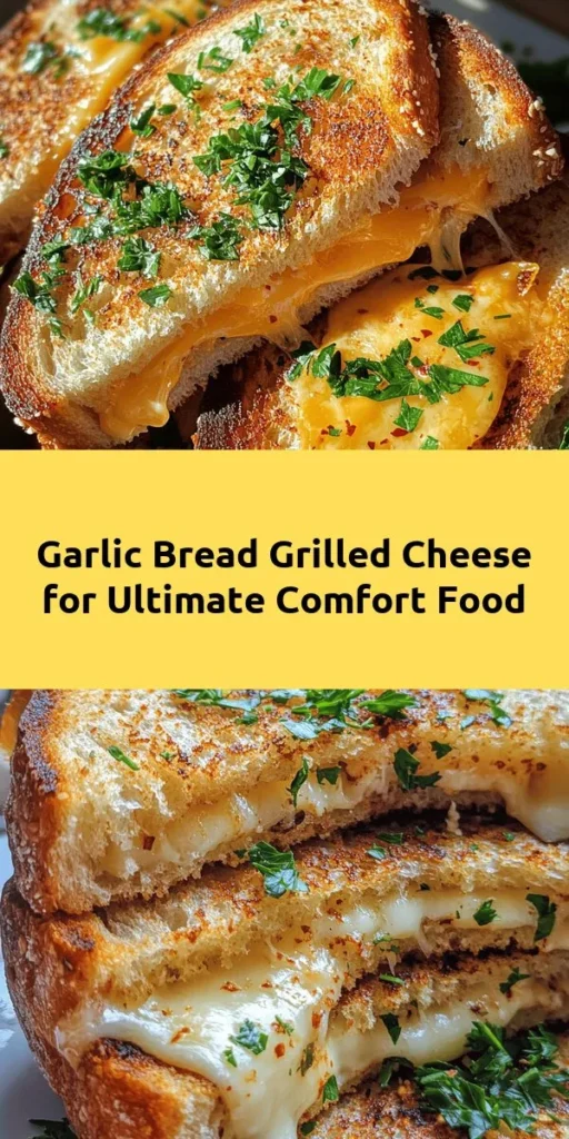 Indulge in the ultimate comfort food with this Garlic Bread Grilled Cheese recipe! Thick slices of sourdough bread are slathered with a savory garlic butter blend, filled with gooey mozzarella and sharp cheddar cheese, then grilled to crispy perfection. Perfect for a quick lunch or a cozy dinner, this sandwich is both delightful and easy to make. Add a sprinkle of red pepper flakes for an extra kick! Enjoy warm with your favorite soup or salad.