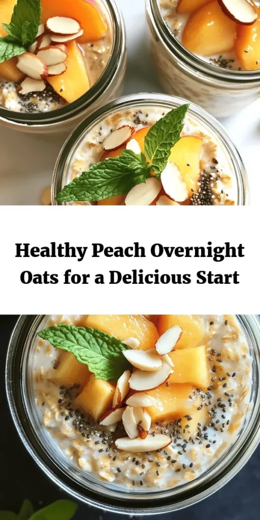 Start your day off right with these healthy and delicious overnight oats featuring fresh peaches! This simple recipe combines rolled oats, almond milk, Greek yogurt, and chia seeds for a nutritious breakfast that you can prep in just 10 minutes. Let it sit overnight, and wake up to a creamy, fruity treat. Add a drizzle of honey, a sprinkle of nuts, and some mint for an extra touch. Perfect for busy mornings or a leisurely brunch! Enjoy this wholesome and satisfying meal.