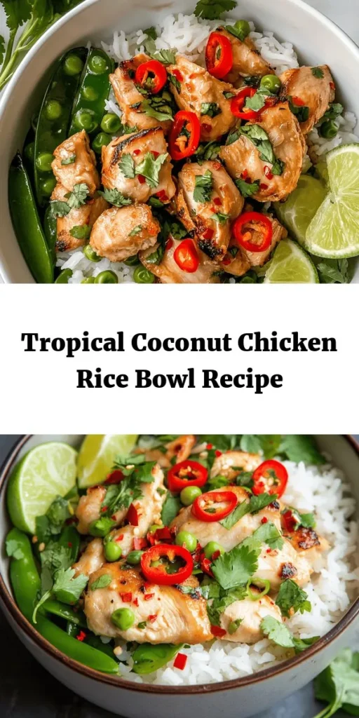 Transport your taste buds to the tropics with this delicious Coconut Chicken Rice Bowl! Featuring tender chicken thighs simmered in coconut milk and chicken broth, this dish is packed with vibrant veggies like red bell peppers and snap peas. Perfect for a weeknight dinner, it’s quick to prepare and bursting with flavor. Top with fresh cilantro and lime wedges for a refreshing finish. Give it a try and enjoy a taste of paradise in every bite!