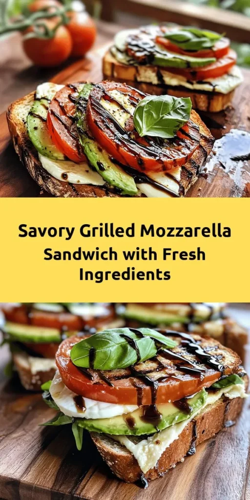 Indulge in the ultimate Grilled Mozzarella Delight! This scrumptious sandwich is loaded with layers of fresh mozzarella, ripe tomatoes, creamy avocado, and fragrant basil, all nestled between two slices of crispy sourdough bread. Drizzled with balsamic glaze for an extra flavor kick, it’s perfect for a quick lunch or a delightful snack. Ready in just 20 minutes, it’s a must-try for cheese lovers! Enjoy this simple yet delicious recipe.