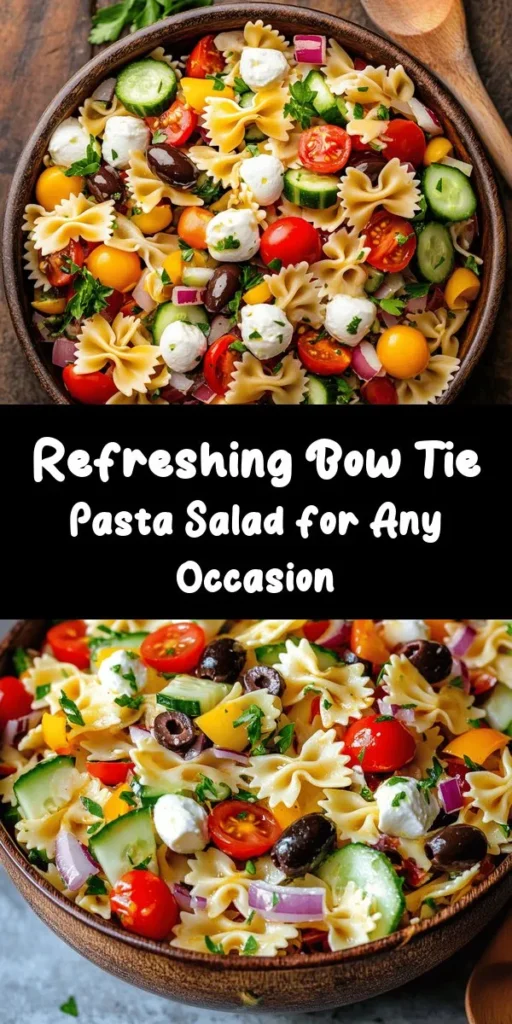 Dive into this vibrant Bow Tie Pasta Salad Delight, perfect for any gathering! Made with farfalle pasta, fresh veggies like cherry tomatoes and cucumbers, and creamy mozzarella, it’s a delightful blend of flavors. Toss it all together with a zesty olive oil and red wine vinegar dressing, then chill for a refreshing treat. Ideal as a side dish or a light meal, this easy recipe comes together in just 45 minutes and serves six. Enjoy sunny days with this colorful dish!