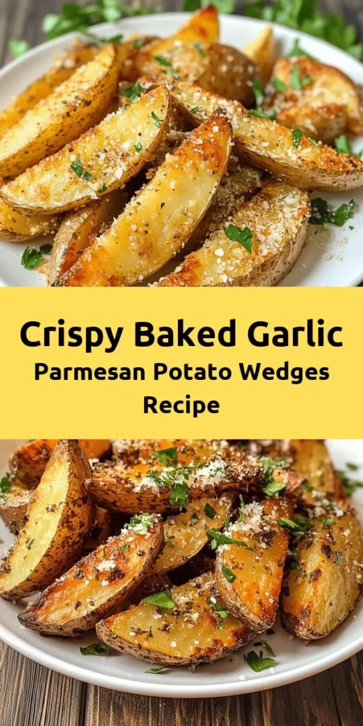 Indulge in these delicious Baked Garlic Parmesan Potato Wedges that are crispy on the outside and soft on the inside! Made with simple ingredients like russet potatoes, olive oil, and Parmesan cheese, this easy recipe boasts tons of flavor thanks to garlic and spices. Perfect as a snack or side dish, just toss the wedges in your seasoning mix, bake until golden, and enjoy! Garnish with fresh parsley for a touch of color. Your family will love them!