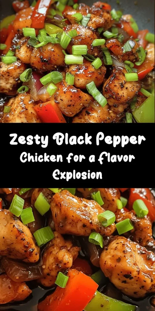 Spice up your dinner with this flavorful Spicy Zesty Black Pepper Chicken recipe! This dish features juicy chicken thighs coated in a zesty marinade of black pepper, garlic, ginger, and soy sauce, creating a mouthwatering flavor. Quick and easy to prepare, it takes just 45 minutes to serve 4. The crispy chicken and vibrant veggies make it perfect with rice or noodles. Garnish with green onions for an extra touch. Enjoy the kick of this delicious meal!
