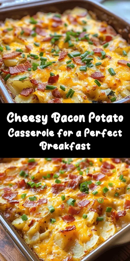 Start your day off right with this mouthwatering Cheesy Bacon Potato Breakfast Casserole! Loaded with crispy bacon, tender potatoes, and melted sharp cheddar cheese, this hearty dish is perfect for family breakfasts or brunch gatherings. With simple ingredients like eggs, milk, and colorful veggies, it's easy to prepare and bake. Enjoy this deliciously satisfying casserole that serves six and will have everyone asking for seconds!