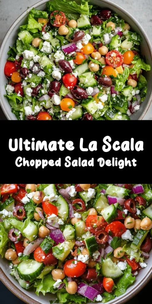 Experience the vibrant flavors of the famous La Scala Chopped Salad! This refreshing mix features crisp Romaine lettuce, juicy cherry tomatoes, crunchy cucumbers, and hearty garbanzo beans, all topped with tangy feta cheese and kalamata olives. Toss everything together with a zesty dressing made from red wine vinegar and olive oil, and let it chill for the perfect flavor fusion. Ideal as a side or light main dish, this salad is sure to impress!