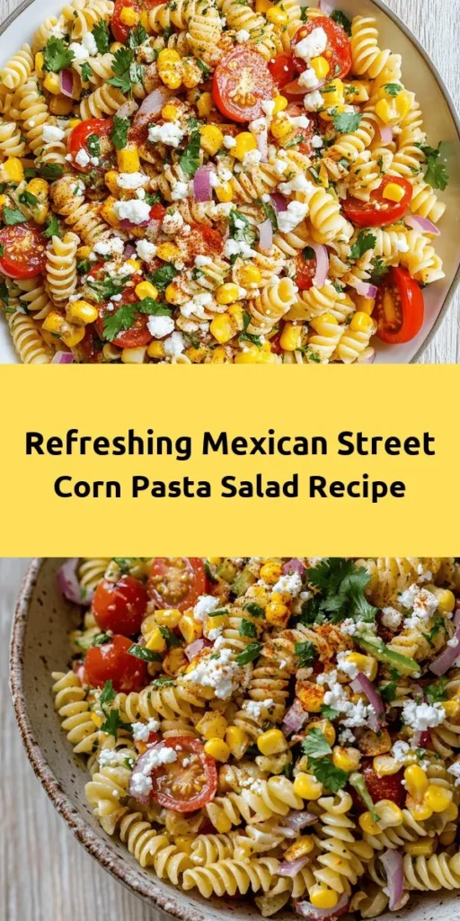 Add a burst of flavor to your mealtime with this vibrant Mexican Street Corn Pasta Salad! Perfect for summer gatherings, this dish combines rotini pasta with sweet corn, juicy cherry tomatoes, crunchy bell peppers, and creamy cotija cheese. Tossed in a zesty lime dressing, it's a delightful blend of textures and tastes. Serve it chilled for that refreshing kick, and don't forget to customize it with jalapeños for some extra heat! Enjoy your culinary fiesta!
