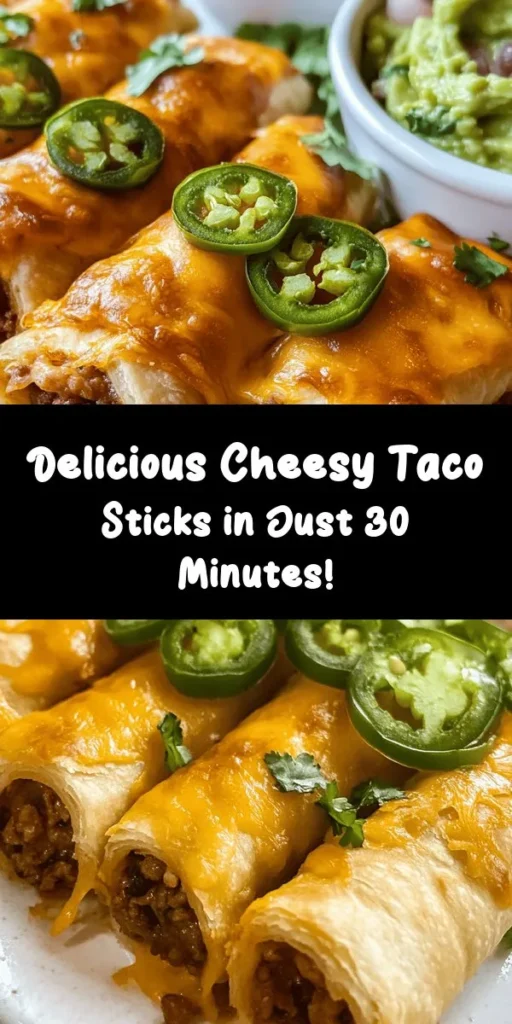 Get ready to indulge in these mouthwatering Cheesy Taco Sticks! Perfect for a quick snack or a fun appetizer, this recipe combines seasoned ground beef, creamy refried beans, and melty cheddar cheese all wrapped in flaky crescent roll dough. With optional jalapeños for a kick and served with your favorite dips, these sticks are sure to impress. Quick and easy to make, enjoy them fresh from the oven in just 30 minutes!