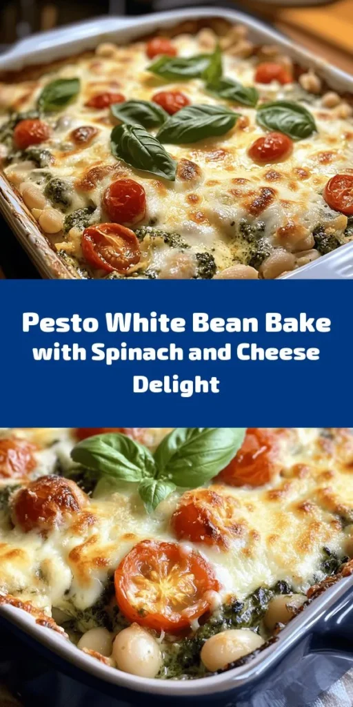 Looking for a delicious and nutritious meal? Try this White Bean and Pesto Bake with Spinach! It's easy to make and packed with flavor. Start by mixing white beans, fresh spinach, and cherry tomatoes, then toss with pesto and top with gooey mozzarella and Parmesan. Bake until bubbly and golden for a comforting dish that's perfect for any night. Serve it warm and enjoy a wholesome meal that's sure to impress!