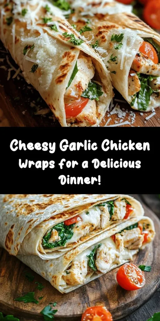 Get ready to indulge in these delicious Cheesy Garlic Chicken Wraps! Perfect for a quick lunch or dinner, these wraps feature seasoned and cooked chicken breasts, creamy mozzarella and cream cheese, fresh spinach, and cherry tomatoes all wrapped up in a soft tortilla. Toasted to golden perfection, these wraps are crispy on the outside and flavorful on the inside. Quick to make and sure to satisfy, enjoy them warm with your favorite dipping sauce or side salad!