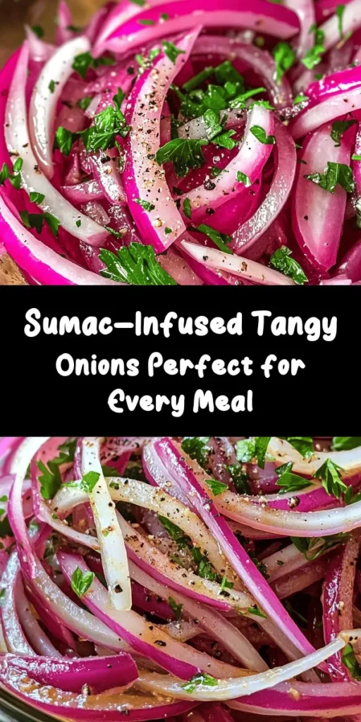 Discover the vibrant flavors of Tangy Sumac Onions! This refreshing side dish features thinly sliced red onions marinated in a zesty mix of sumac, olive oil, apple cider vinegar, and lemon juice. Perfectly seasoned and garnished with fresh parsley, these onions elevate any meal with their unique tang. Easy to prepare in just 40 minutes, they make a great addition to salads, sandwiches, or as a topping for grilled meats. Enjoy a burst of flavor in every bite!
