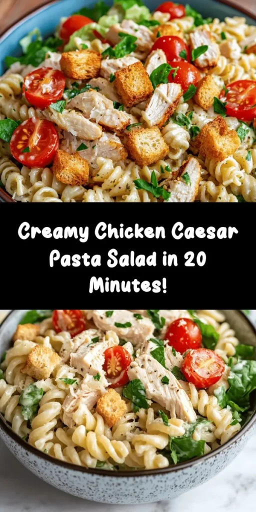 Looking for a quick, delicious meal? Try this Quick & Creamy Chicken Caesar Pasta Salad! It's easy to whip up in just 20 minutes, using rotini pasta, shredded chicken, fresh cherry tomatoes, and crunchy romaine lettuce. Toss it all in Caesar dressing, add a sprinkle of Parmesan and croutons for that perfect crunch. It's a delightful dish that works great as a main course or a side. Perfect for busy weeknights or potlucks! Enjoy this flavorful salad that’s sure to impress!