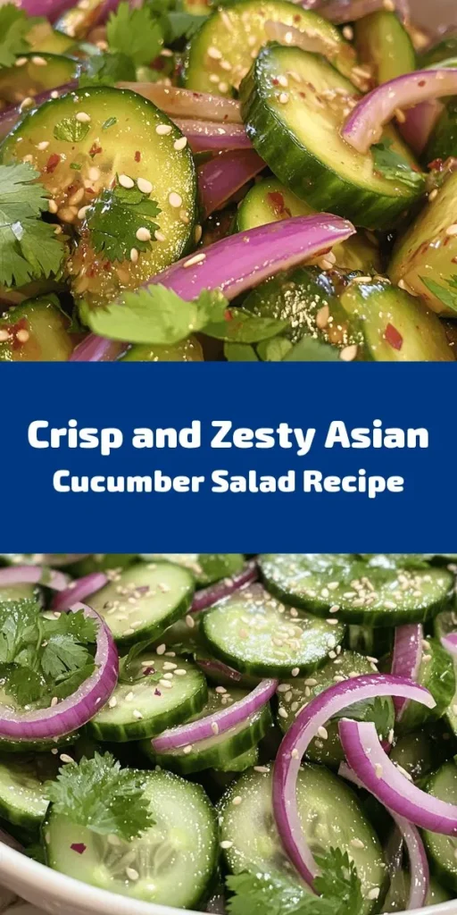 Brighten up your meal with this refreshing Asian Cucumber Salad! It's a simple blend of crisp cucumbers and red onions, tossed in a tangy dressing made of rice vinegar, soy sauce, sesame oil, and fresh ginger. Ready in just 10 minutes and perfect for summer gatherings or a light lunch, this salad can be customized with optional red pepper flakes for a kick. Serve it chilled and garnish with fresh cilantro for a burst of flavor! Try this vibrant recipe today!