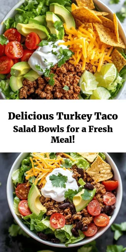 Discover a delicious and healthy dinner option with these Turkey Taco Salad Bowls! Made with seasoned ground turkey, fresh veggies, black beans, and topped with creamy avocado and shredded cheese, this recipe is bursting with flavor. Perfect for a quick weeknight meal, prep takes just 15 minutes. Add a satisfying crunch with tortilla chips and a squeeze of lime for an extra zing. Enjoy a fresh and filling bowl that's sure to please!