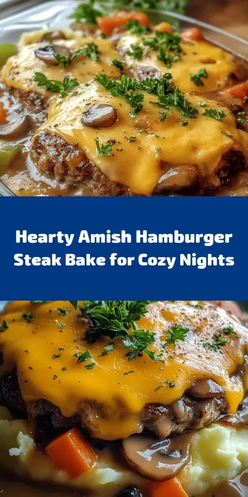 Looking for a cozy and satisfying meal? Try this Amish Hamburger Steak Bake! This hearty dish features seasoned beef patties layered with creamy mushroom soup, mixed veggies, and topped with fluffy mashed potatoes and cheddar cheese. Perfect for family dinners, it’s easy to prepare and packed with flavor. Ready in just about an hour, this recipe serves six and is a delightful comfort food you’ll want to make again and again.