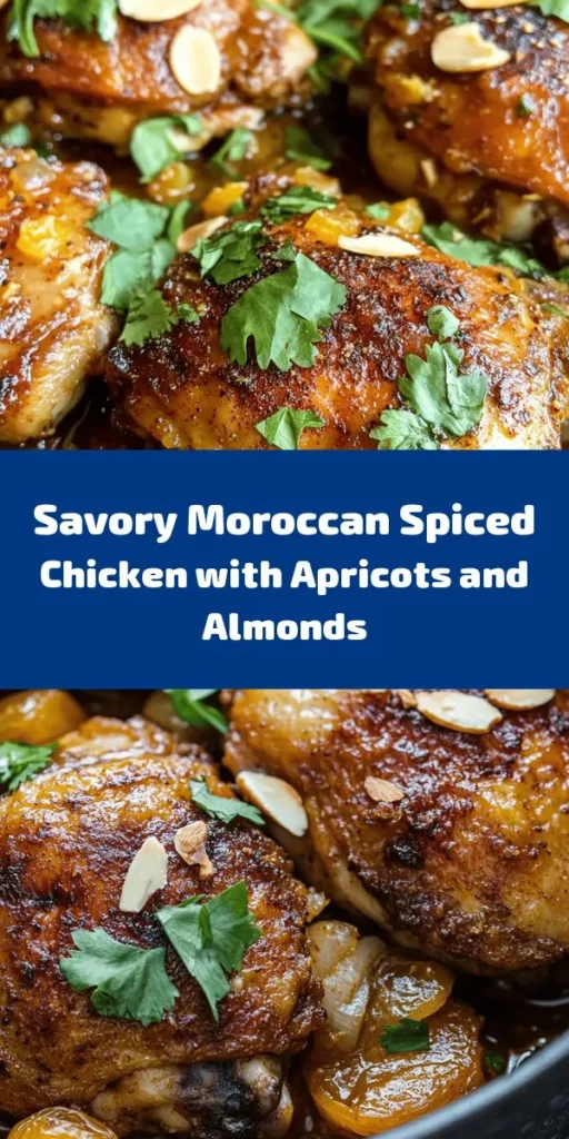 Elevate your dinner with this flavorful Moroccan Spiced Chicken recipe! Tender chicken thighs marinated in a blend of aromatic spices like cumin, coriander, and cinnamon are seared to perfection and cooked with sweet apricots. Baked to juicy goodness and garnished with crunchy almonds and fresh cilantro, this dish is perfect served alongside couscous or bread. Ideal for a cozy family dinner or an impressive meal for guests!