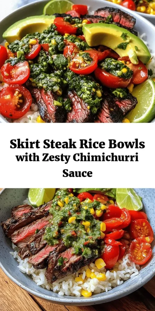 Elevate your dinner game with these Skirt Steak Rice Bowls topped with vibrant Chimichurri Sauce! This quick and flavorful recipe combines juicy skirt steak, fluffy jasmine rice, and sautéed peppers and corn, all finished with creamy avocado and fresh tomatoes. Perfect for a weeknight meal or a weekend gathering, these bowls are not only delicious but visually stunning. Gather your ingredients and enjoy a taste of Argentina right at home!