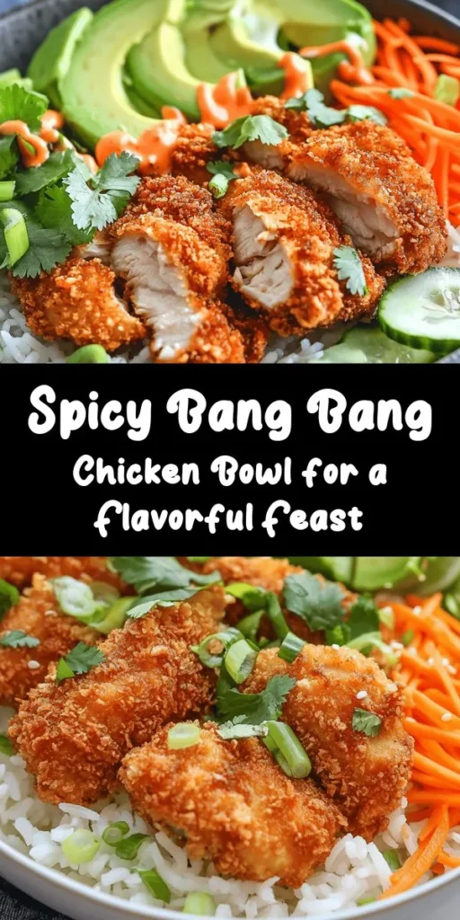 Dive into this mouthwatering Bang Bang Chicken Bowl that's bursting with flavor! This recipe features crispy fried chicken thighs, marinated in buttermilk for extra juiciness, and coated in crunchy Panko breadcrumbs. Drizzle on a creamy, spicy Bang Bang sauce and pile high with fresh veggies like cucumbers and carrots, all over a fluffy bed of jasmine rice or quinoa. Perfect for a tasty weeknight dinner! Easy to make and totally satisfying!