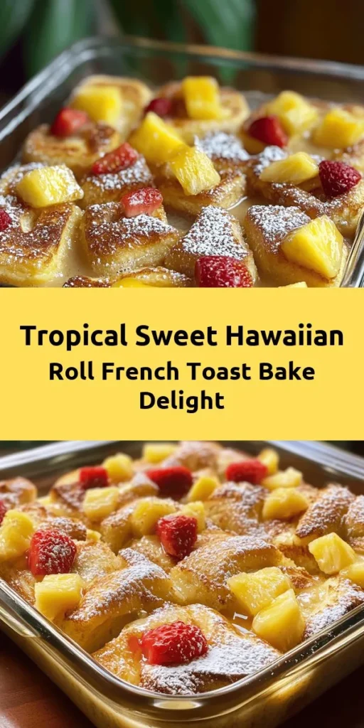 Indulge in the deliciousness of Sweet Hawaiian Roll French Toast Bake! This easy recipe combines soft, fluffy Hawaiian rolls with a creamy, flavorful custard infused with cinnamon and nutmeg. Top it off with crushed pineapple and coconut for an extra twist, and bake until golden brown. Perfect for brunch or a special breakfast, serve it warm with a drizzle of maple syrup and a sprinkle of powdered sugar. Your family will love this sweet, tropical treat!