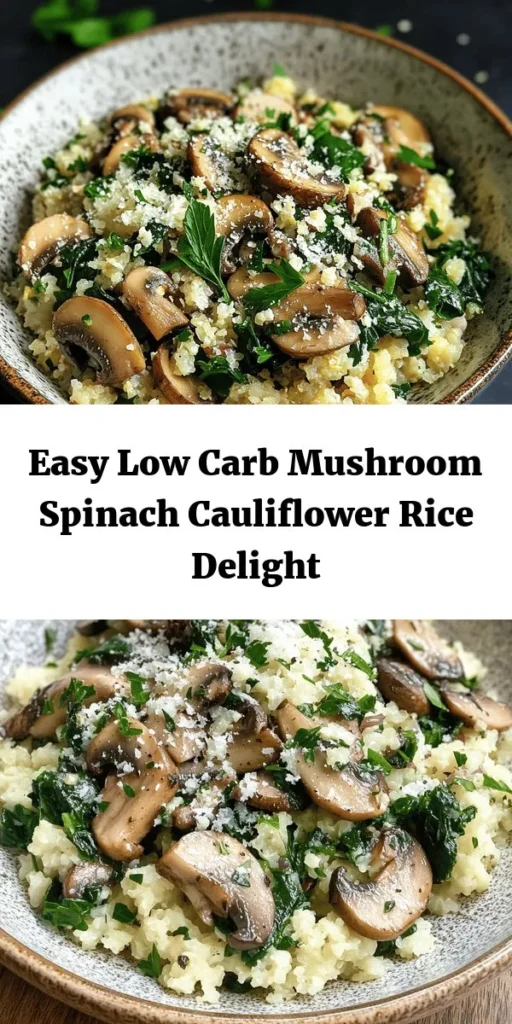 Looking for a delicious low-carb meal? Try this Mushroom & Spinach Cauliflower Rice! Packed with flavor and nutrients, this dish features sautéed mushrooms, fresh spinach, and aromatic garlic over a bed of cauliflower rice. Quick to prepare in just 25 minutes, it makes a perfect weeknight dinner. Top with optional Parmesan cheese and fresh parsley for an extra touch. Healthy eating has never been so tasty! 🍄🌱 #LowCarb #HealthyRecipes #CauliflowerRice