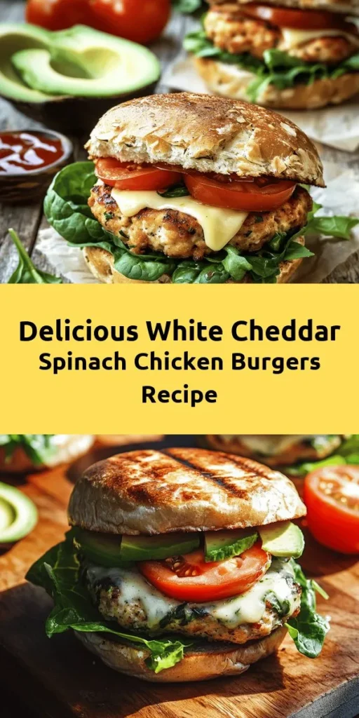 Elevate your burger night with these tasty White Cheddar & Spinach Chicken Burgers! Juicy ground chicken is mixed with fresh spinach and creamy white cheddar for a delicious twist on the classic burger. Serve on whole wheat buns with crisp lettuce, fresh tomatoes, and optional avocado slices. Quick to make in just 30 minutes, these burgers are perfect for a satisfying weeknight meal. Pair them with sweet potato fries or a light salad for a complete feast!