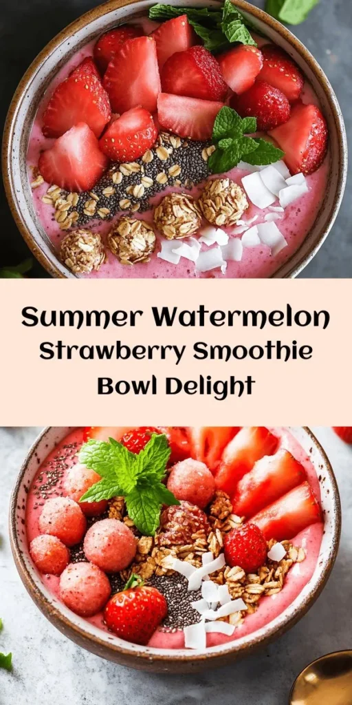 Beat the heat with this refreshing Watermelon and Strawberry Smoothie Bowl! Perfect for breakfast or a cool snack, this vibrant bowl combines juicy watermelon, ripe strawberries, and creamy coconut milk with a touch of honey for sweetness. Top it off with granola, coconut flakes, and fresh mint for a delicious twist. Ready in just 10 minutes, it's a fun and healthy way to kickstart your day or enjoy a midday treat! Don’t forget to share your creations!