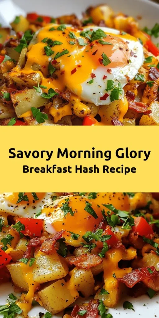 Start your day with a delicious twist on breakfast with this Morning Glory Loaded Breakfast Hash! This hearty dish combines crispy potatoes, savory bacon, colorful bell peppers, and perfectly cooked eggs, all topped with gooey cheddar cheese. It's easy to make and full of flavor, making it the perfect recipe for brunch or a satisfying morning meal. Add your favorite hot sauce for an extra kick! Enjoy a hearty breakfast that's sure to impress.