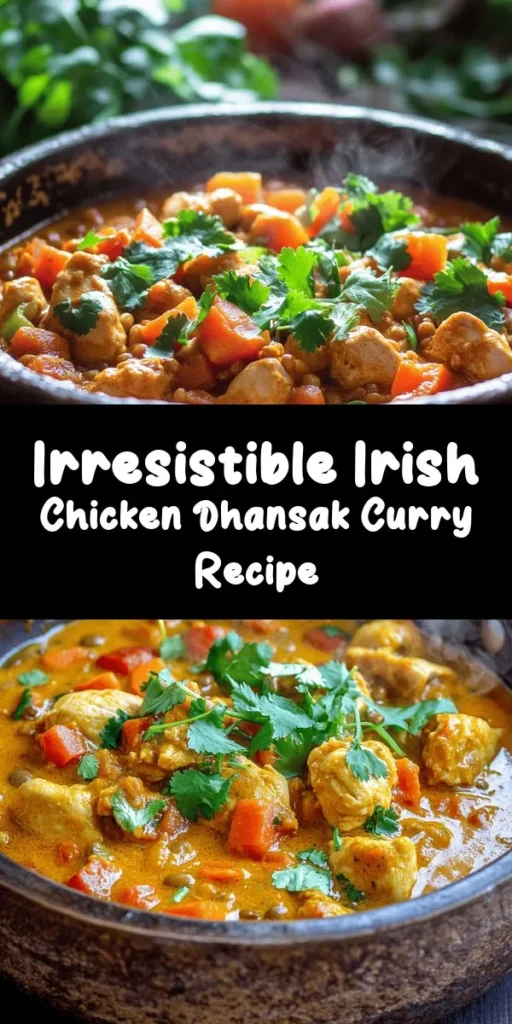 Discover the warmth of home with this Hearty Irish Chicken Dhansak Curry! This vibrant dish combines tender chicken thighs, red lentils, and a delightful blend of spices simmered in creamy coconut milk. Perfect for cozy family dinners, it's packed with flavor and nutrients. Serve it over basmati rice or with naan bread for a satisfying meal. Easy to make and loved by all, this curry will quickly become a favorite in your recipe collection!