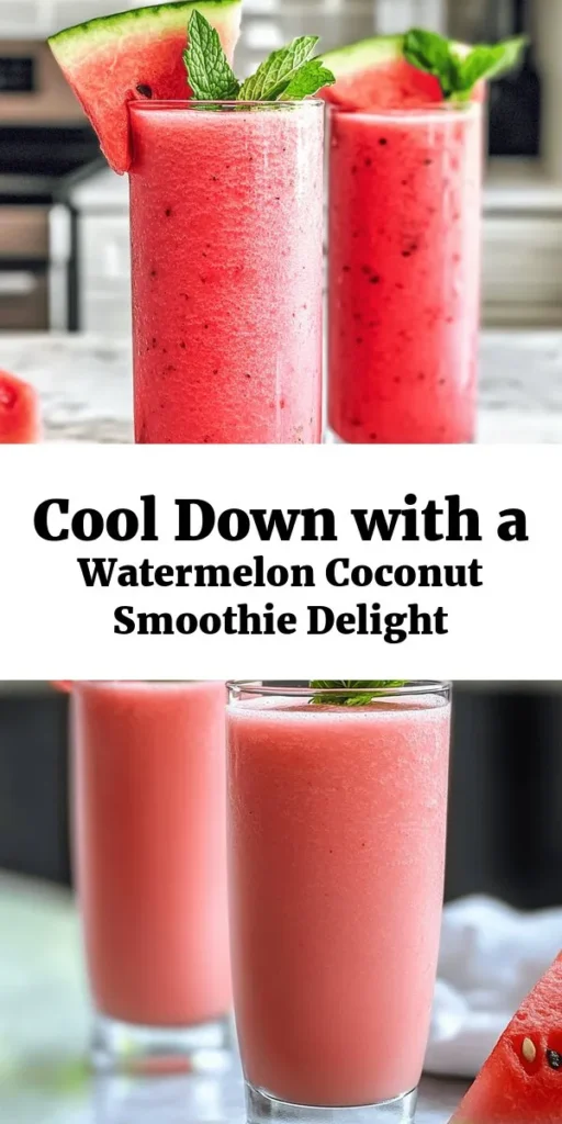 Cool down with this refreshing Watermelon Smoothie featuring hydrating coconut water! It's a quick and easy recipe that combines juicy watermelon, a frozen banana for creaminess, and a hint of mint and lime. Perfect for warm days, this smoothie can be blended in just 10 minutes. Customize it with honey for extra sweetness and serve it chilled for a delightful treat. A healthy and delicious way to stay refreshed!