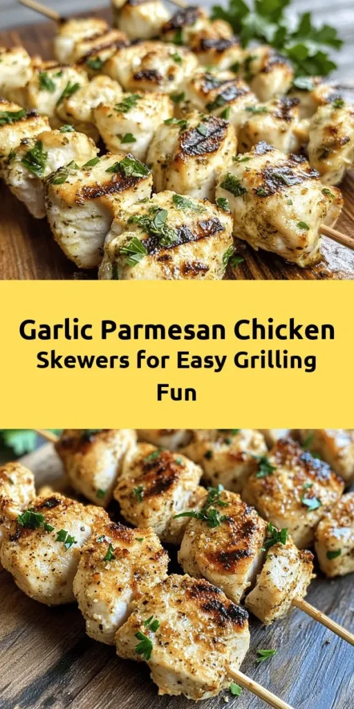 Get ready to elevate your grilling game with these Garlic Parmesan Chicken Skewers! This easy recipe features tender chicken marinated in a delicious blend of olive oil, garlic, and Parmesan cheese, seasoned to perfection with oregano, thyme, and paprika. Grilled to perfection, these skewers are perfect for a summer cookout or a family dinner. Serve them as an appetizer or alongside your favorite sides for a tasty meal everyone will love!