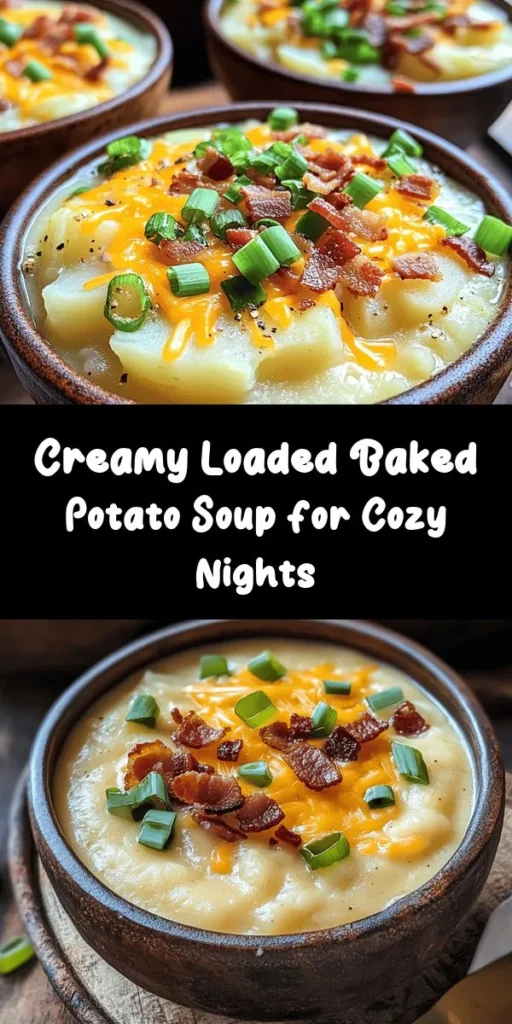 Warm up with this creamy loaded baked potato soup, the ultimate comfort food! Made with russet potatoes, savory broth, and finished with cheddar cheese, crispy bacon, and a touch of sour cream, every spoonful is pure bliss. Sauté onions and garlic for a flavorful base, then blend it all together for a delightful texture. Perfect for cozy evenings and easy to make in under an hour. Garnish with green onions for that extra pop!