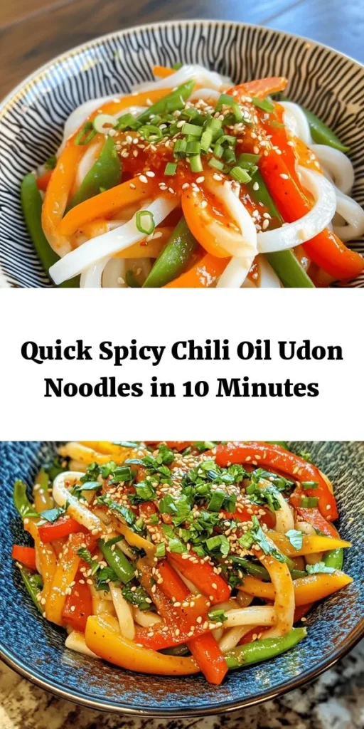 Satisfy your cravings with these Spicy 10-Minute Chili Oil Udon Noodles! Made with fresh udon noodles, zesty chili oil, and a colorful mix of veggies, this quick recipe is perfect for busy weeknights. Just boil, sauté, and toss everything together for a flavor-packed meal that's ready in no time. Garnish with green onions and sesame seeds for an extra touch. Spice up your dinner routine and enjoy a delicious, homemade dish!