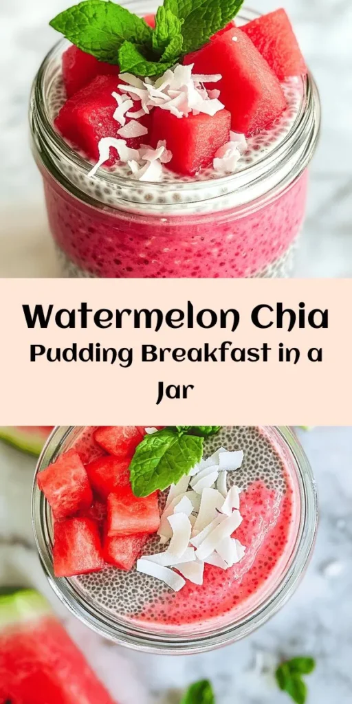 Kickstart your day with this delightful Watermelon Chia Pudding Breakfast Jar! This refreshing and healthy treat is made with sweet watermelon puree, creamy almond milk, and nutritious chia seeds. Just blend, mix, and let it chill for a few hours or overnight. Layer it up with fresh watermelon cubes and top it off with mint leaves and coconut for a vibrant breakfast. Perfect for meal prep, this tasty jar will keep you energized and satisfied. Enjoy it within two days!