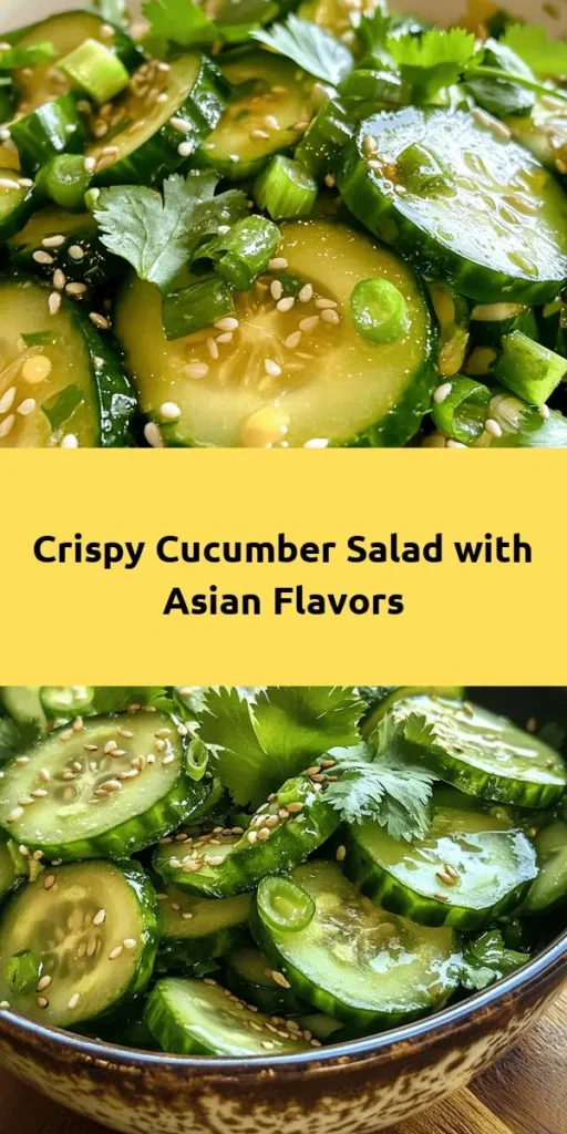 Discover the refreshing Crunchy Asian Cucumber Delight that's perfect for a side dish or a light snack! Made with thinly sliced cucumbers tossed in a zesty dressing of rice vinegar, soy sauce, and sesame oil, this salad is a vibrant mix of flavors. The addition of garlic, ginger, and a hint of sweetness elevates it even more. Top with sesame seeds and green onions for some extra crunch. Quick to make, chill it for a burst of flavor in every bite!