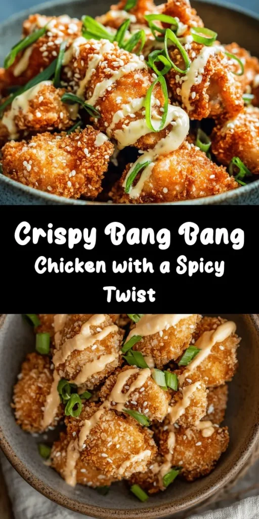 Looking for a deliciously crispy recipe to spice up your dinner? Try this Bang Bang Chicken! Made with tender, bite-sized chicken thighs coated in a crunchy panko crust, it bursts with flavor and pairs perfectly with a creamy, tangy Bang Bang sauce. This dish is easy to prepare and takes just 40 minutes from start to finish. Perfect for a family meal or a gathering with friends. Don't forget to garnish with green onions and sesame seeds for that extra touch!