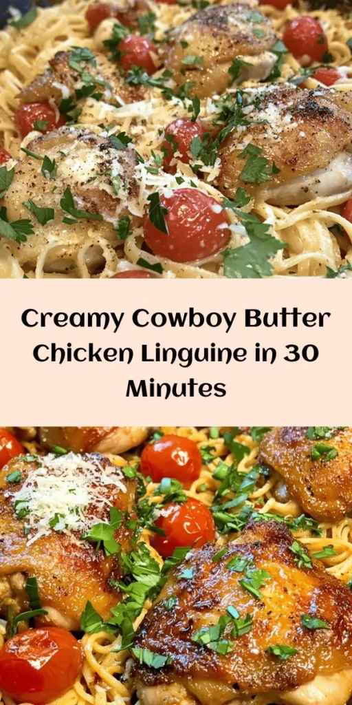 Discover the deliciousness of Easy Cowboy Butter Chicken Linguine, a quick and flavorful dish that's perfect for any weeknight dinner! This recipe features tender chicken thighs sautéed in a rich, buttery garlic sauce, tossed with al dente linguine and fresh parsley. With hints of smoked paprika and zest from lemon, it's sure to impress! Ready in just 30 minutes, serve it up with cherry tomatoes and Parmesan for extra flair! Perfect for the whole family!