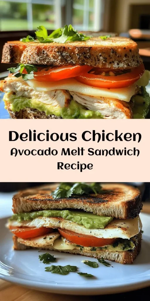Looking for a delicious and satisfying meal? Try this Chicken Avocado Melt Sandwich! With juicy chicken breasts, creamy avocado spread, fresh tomatoes, and gooey mozzarella, it's a flavor explosion. Perfect for lunch or dinner, this recipe is quick to make in just 30 minutes. You can customize it by adding cilantro or basil for an extra touch. Serve warm for a melty, mouthwatering treat that everyone will love!