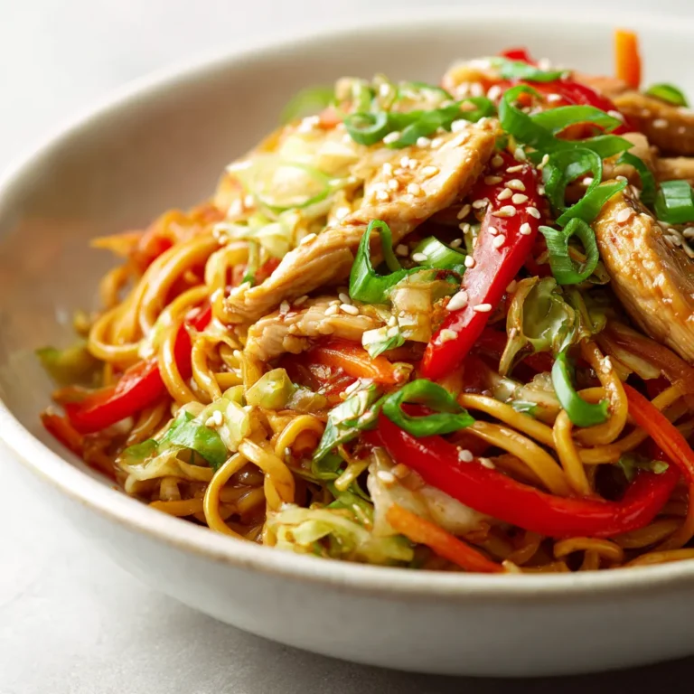 The delightful aroma of Savory Slow-Cooked Chicken Chow Mein fills your kitchen and invites everyone to gather around the table. This dish combines tender chicken, vibrant vegetables, and perfectly cooked noodles, all enhanced by a rich and savory sauce. The combination of flavors from the soy sauce, oyster sauce, and sesame oil provides a comforting experience, while the fresh ginger and garlic add depth and warmth.