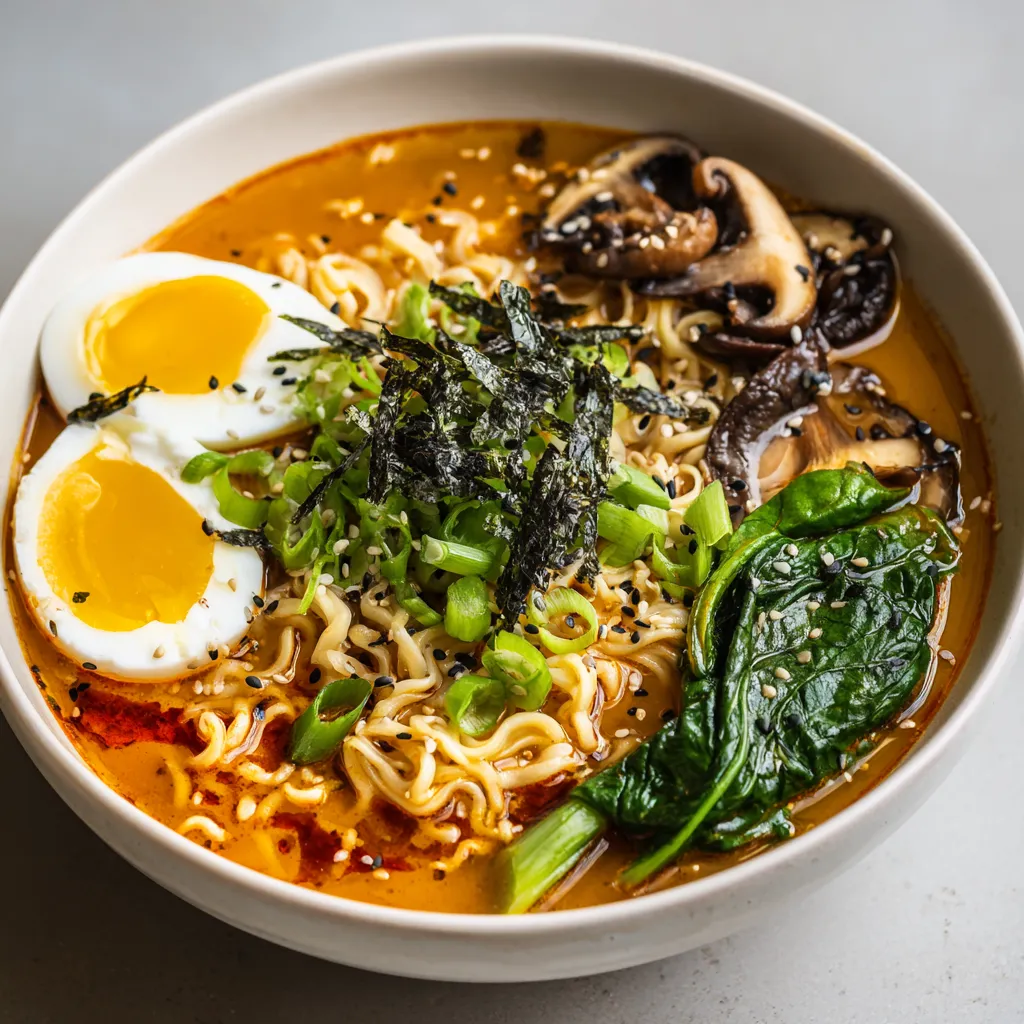Spicy Miso Ramen Delight is a warming and flavorful dish that embodies the essence of comfort food. With its rich, umami broth and a kick from the gochujang, this ramen is not only satisfying but also perfect for any occasion, be it a casual weeknight dinner or a special gathering. Made with fresh ingredients, it offers a delightful combination of textures and flavors—silky ramen noodles paired with tender mushrooms and a hint of spice make this a must-try recipe.