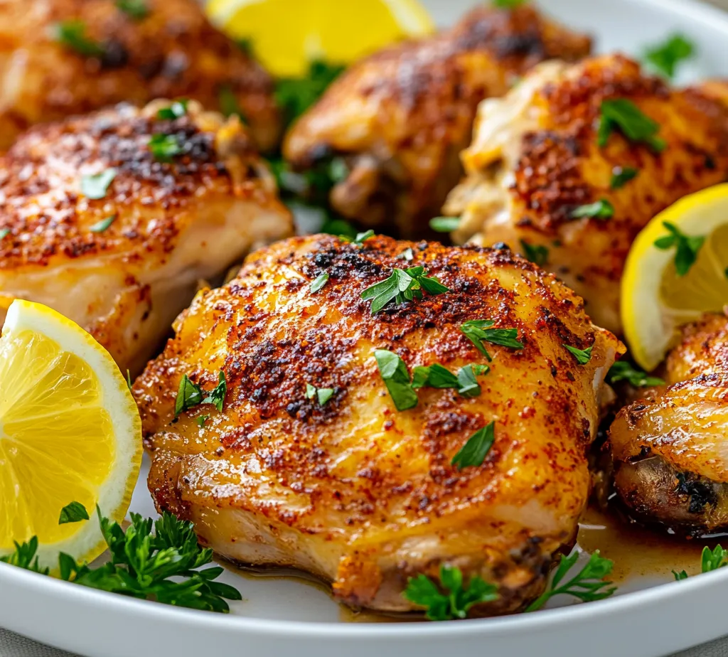 Lemon Paprika Roast Chicken Thighs is a flavorful delight that's perfect for any occasion, bringing a balance of zest and warmth to your dinner table. The dish features succulent bone-in, skin-on chicken thighs that are marinated in a delicious blend of olive oil, smoked paprika, garlic powder, and zesty lemon juice. This roasting method ensures a crispy skin while keeping the meat juicy and tender, resulting in a mouthwatering meal that can satisfy any palate.