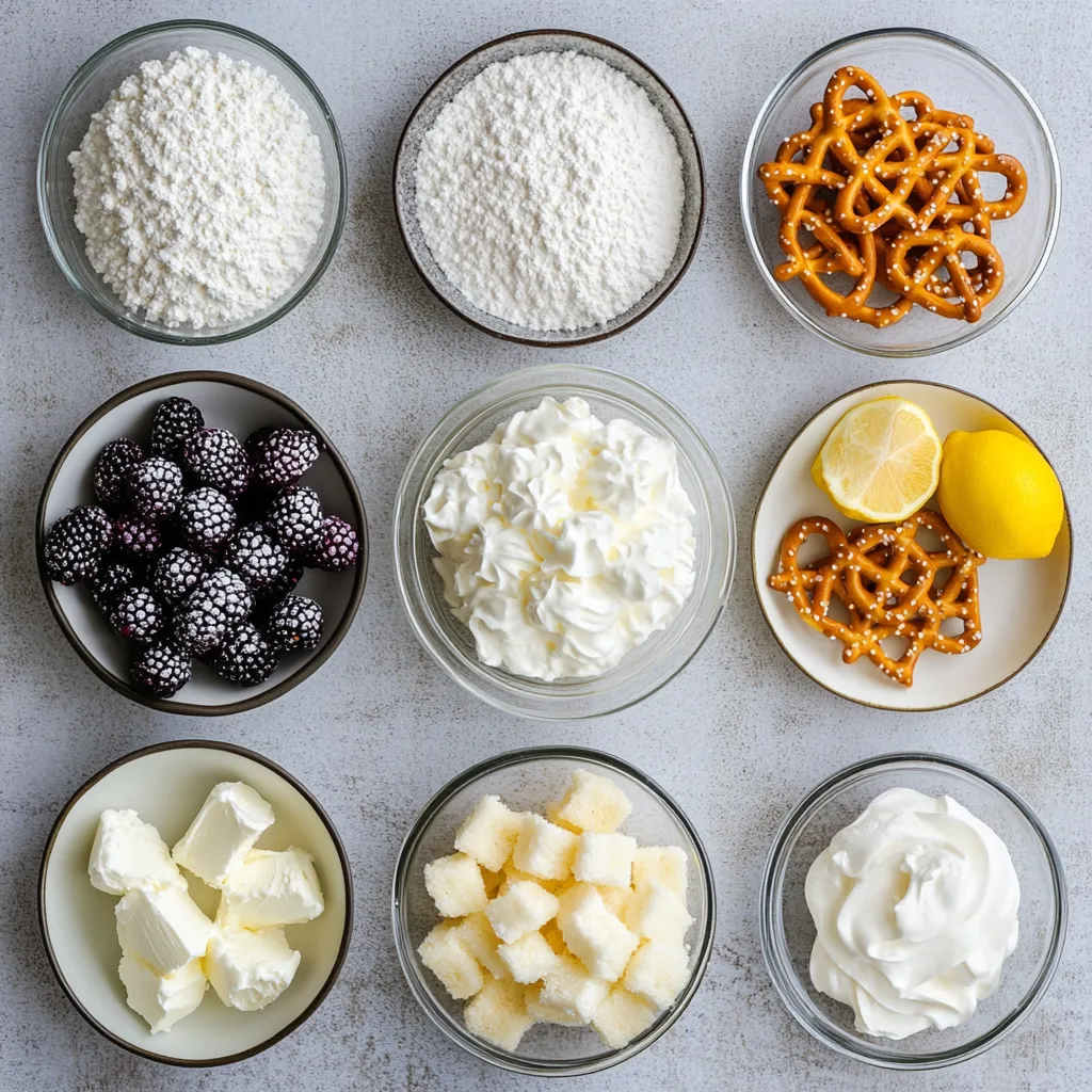 Blackberry Pretzel Delight is a delectably unique dessert that masterfully balances the rich, creamy sweetness of a classic cheesecake with the salty crunch of a pretzel crust. This dessert is not just about flavor; it's also a feast for the eyes, featuring vibrant blackberries and a creamy topping that add an appealing visual contrast. Whether served at a special event or a casual gathering, it's sure to delight your guests and family alike.