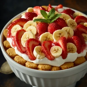 Strawberry Banana Pudding Delight is a deliciously creamy dessert that harmoniously combines the fresh flavors of strawberries and bananas with the smooth texture of vanilla pudding and whipped cream. This delightful, layered treat is perfect for warm weather gatherings, birthday parties, or even just a sweet personal indulgence after dinner. Its vibrant colors and appealing presentation make it a surefire hit among both kids and adults, ensuring it disappears from the table in no time. Whether served at a special occasion or made as a comforting dessert, this pudding delight is a versatile addition to any dessert table.