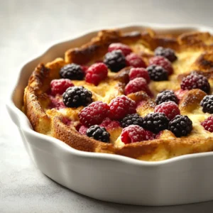 Berry French Toast Casserole is a delightful breakfast or brunch dish that brings together the comforting flavors of French toast with the juicy sweetness of mixed berries. Imagine a rich, custardy casserole filled with tender pieces of bread and layered with vibrant strawberries, blueberries, and raspberries—each bite bursting with flavor. This dish is perfect for lazy Sunday mornings, special family gatherings, or any occasion where you want to impress guests with minimal effort.