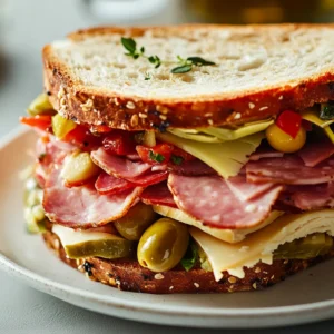 Delve into the rich culinary heritage of Italy with this gourmet Muffuletta sandwich recipe. Celebrated for its vibrant flavors and hearty textures, this sandwich is a feast for both the eyes and the palate. The combination of marinated olives, salty meats, and creamy cheese nestled between soft Italian bread makes this dish a classic. Whether served as a delightful lunch or a main attraction at a gathering, the Muffuletta truly showcases the essence of Italian cuisine.
