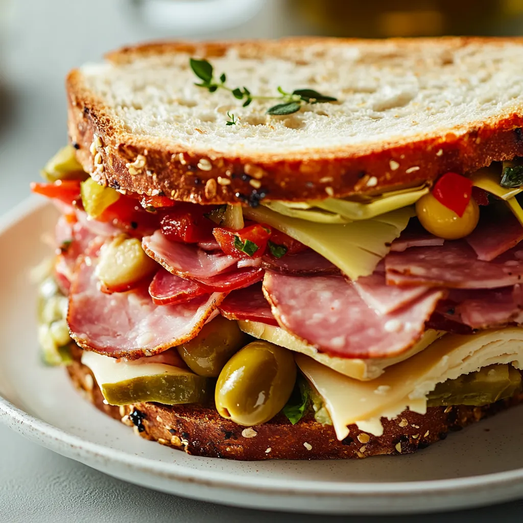 Delve into the rich culinary heritage of Italy with this gourmet Muffuletta sandwich recipe. Celebrated for its vibrant flavors and hearty textures, this sandwich is a feast for both the eyes and the palate. The combination of marinated olives, salty meats, and creamy cheese nestled between soft Italian bread makes this dish a classic. Whether served as a delightful lunch or a main attraction at a gathering, the Muffuletta truly showcases the essence of Italian cuisine.
