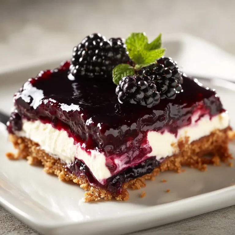 Blackberry Pretzel Delight is a delectably unique dessert that masterfully balances the rich, creamy sweetness of a classic cheesecake with the salty crunch of a pretzel crust. This dessert is not just about flavor; it's also a feast for the eyes, featuring vibrant blackberries and a creamy topping that add an appealing visual contrast. Whether served at a special event or a casual gathering, it's sure to delight your guests and family alike.