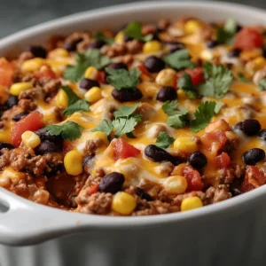 The Cattle Drive Casserole Delight is a hearty and comforting dish that effortlessly combines flavors and textures in a single baking dish. Perfect for family meals or gatherings, this casserole showcases the rich taste of ground beef and an array of vibrant ingredients, making each bite a savory delight. The blend of ground beef, black beans, corn, and macaroni creates a balanced meal that is both filling and nutritious.